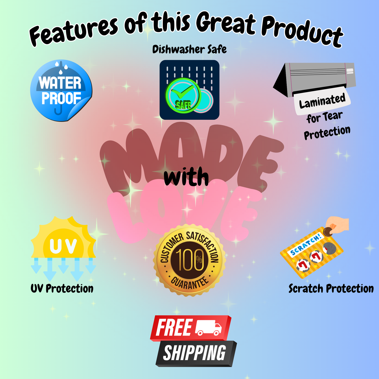Mix or Match- Custom Holographic Vinyl Stickers - Waterproof, UV/Scratch Resistant - Bulk o